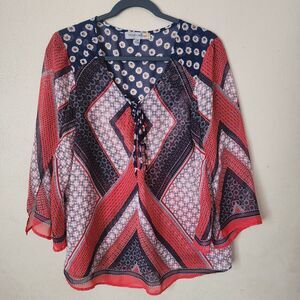 Figueroa & Flower Boho Geometric Sheer Tie Neck Top Medium Artsy Festival